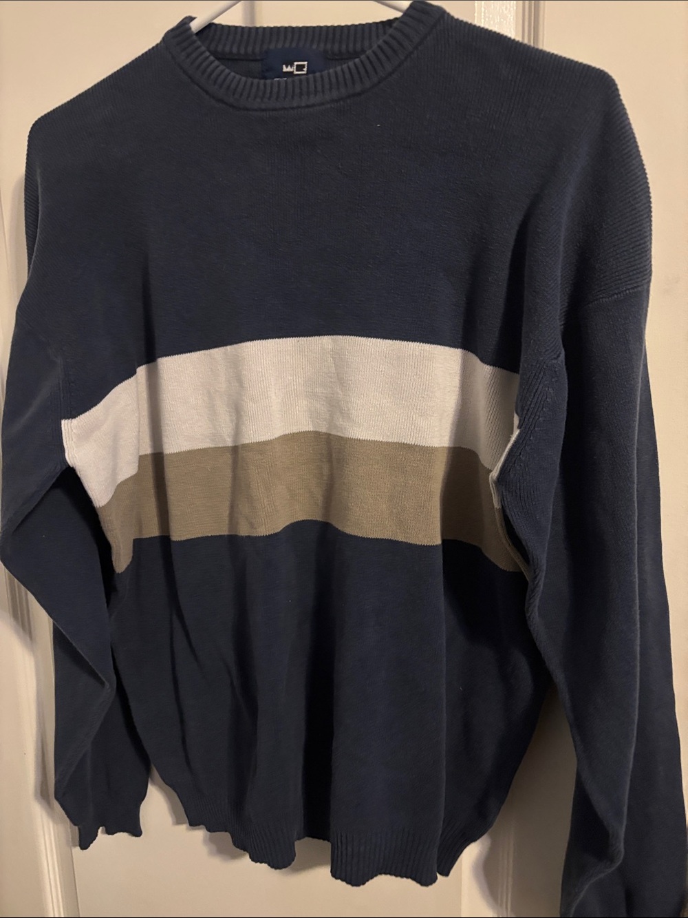Vintage 90’s Navy Crewneck Sweater with White and Tan Stripes